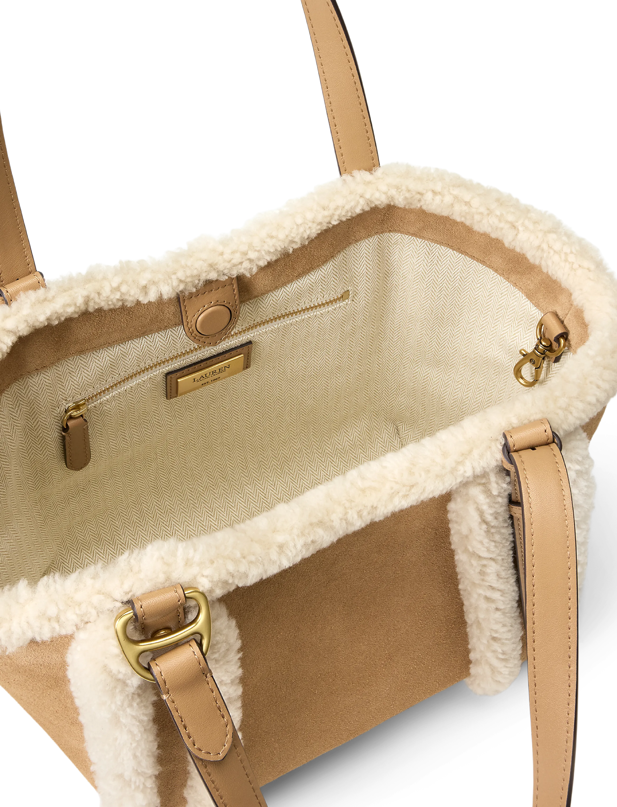 Lauren Ralph Lauren - Shearling-Trim Small Tasha Tote Bag - camel/natural - 4