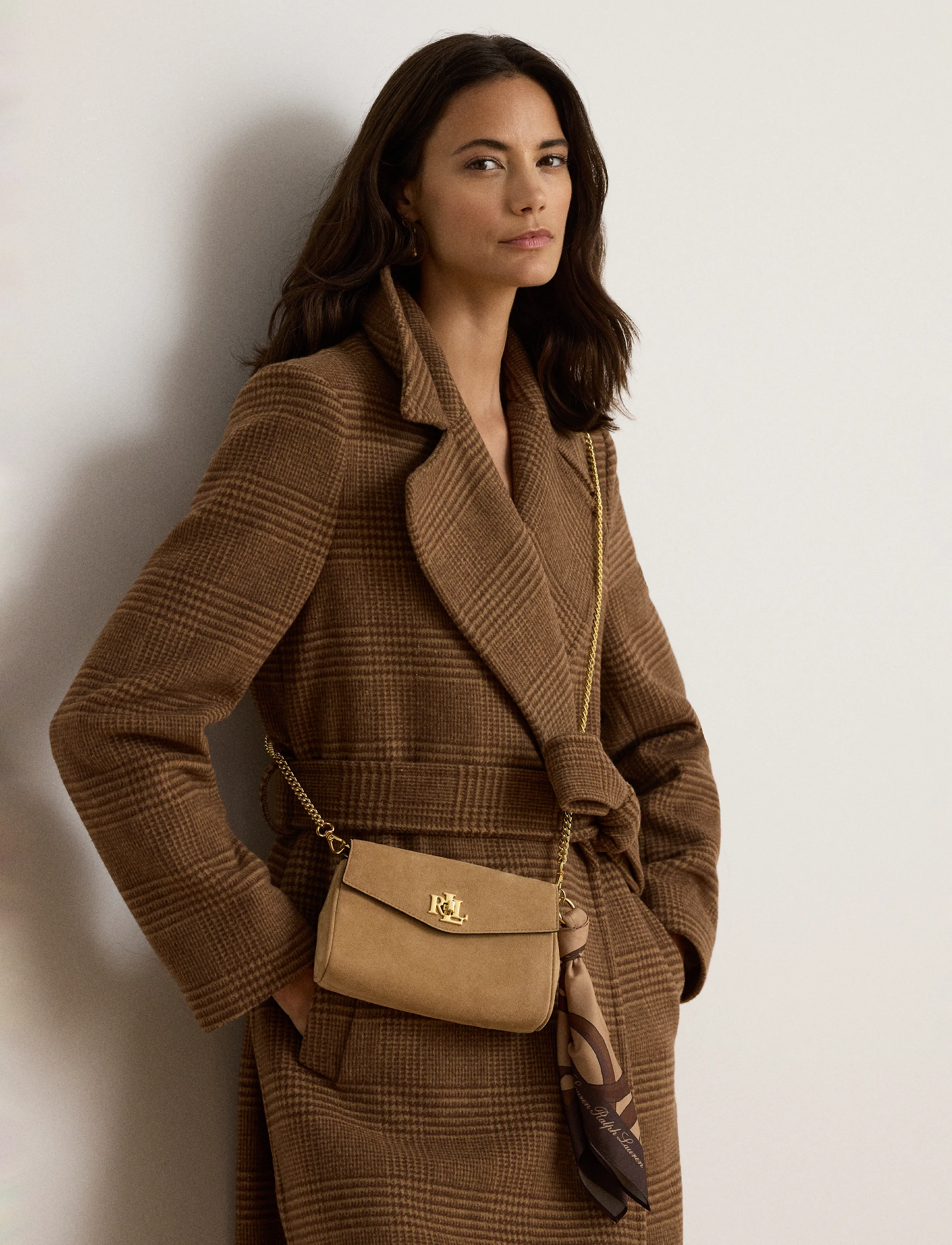 Lauren Ralph Lauren - Scarf-Trim Turn-Lock Wristlet Crossbody - camel/urban bltng - 3