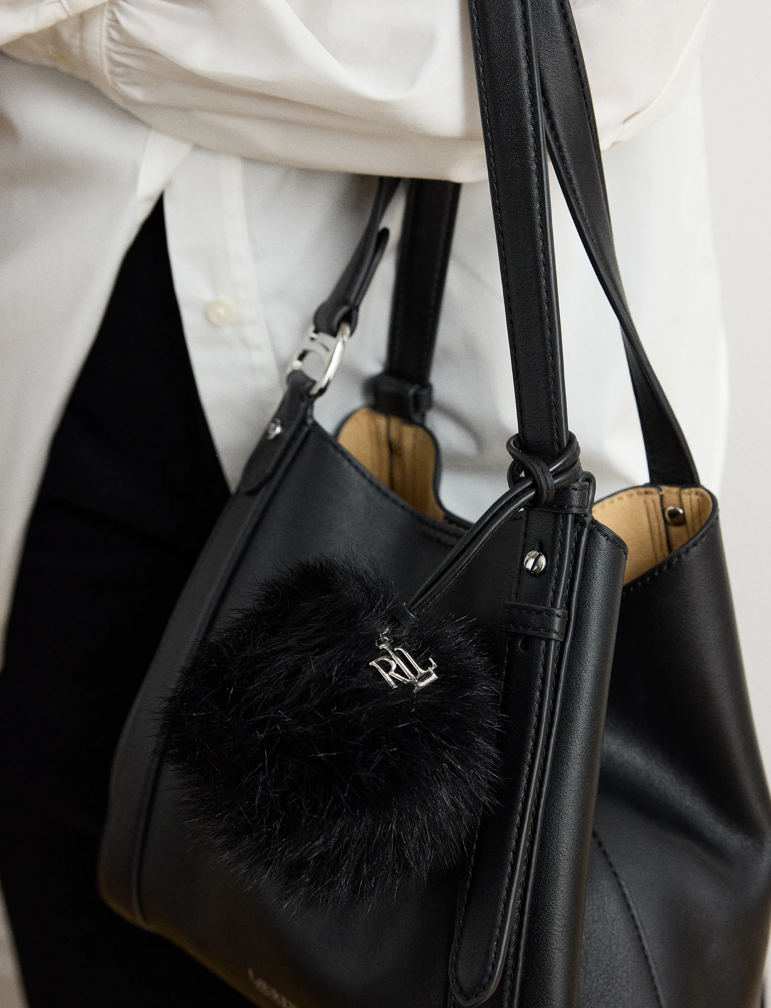 Lauren Ralph Lauren - Leather & Shearling Pom-Pom Bag Charm - black - 2
