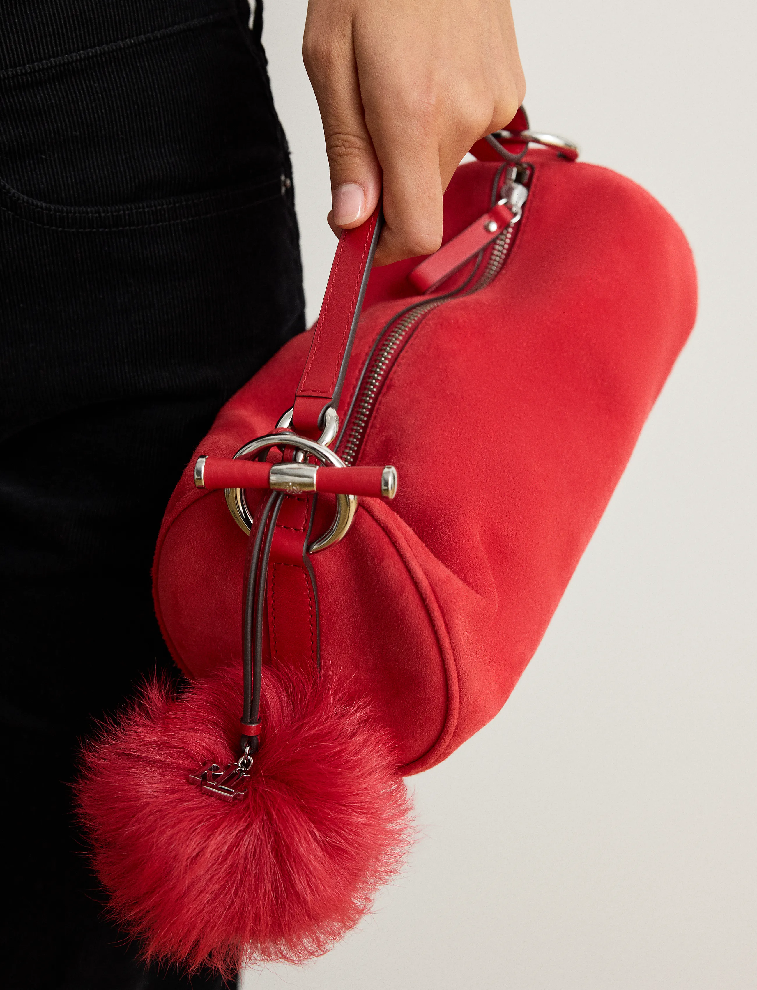 Lauren Ralph Lauren - Leather & Shearling Pom-Pom Bag Charm - festive red - 2