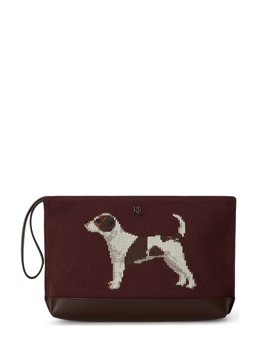 Lauren Ralph Lauren - Dog-Embroidered Canvas Large Pouch - dark garnet/chest - 0