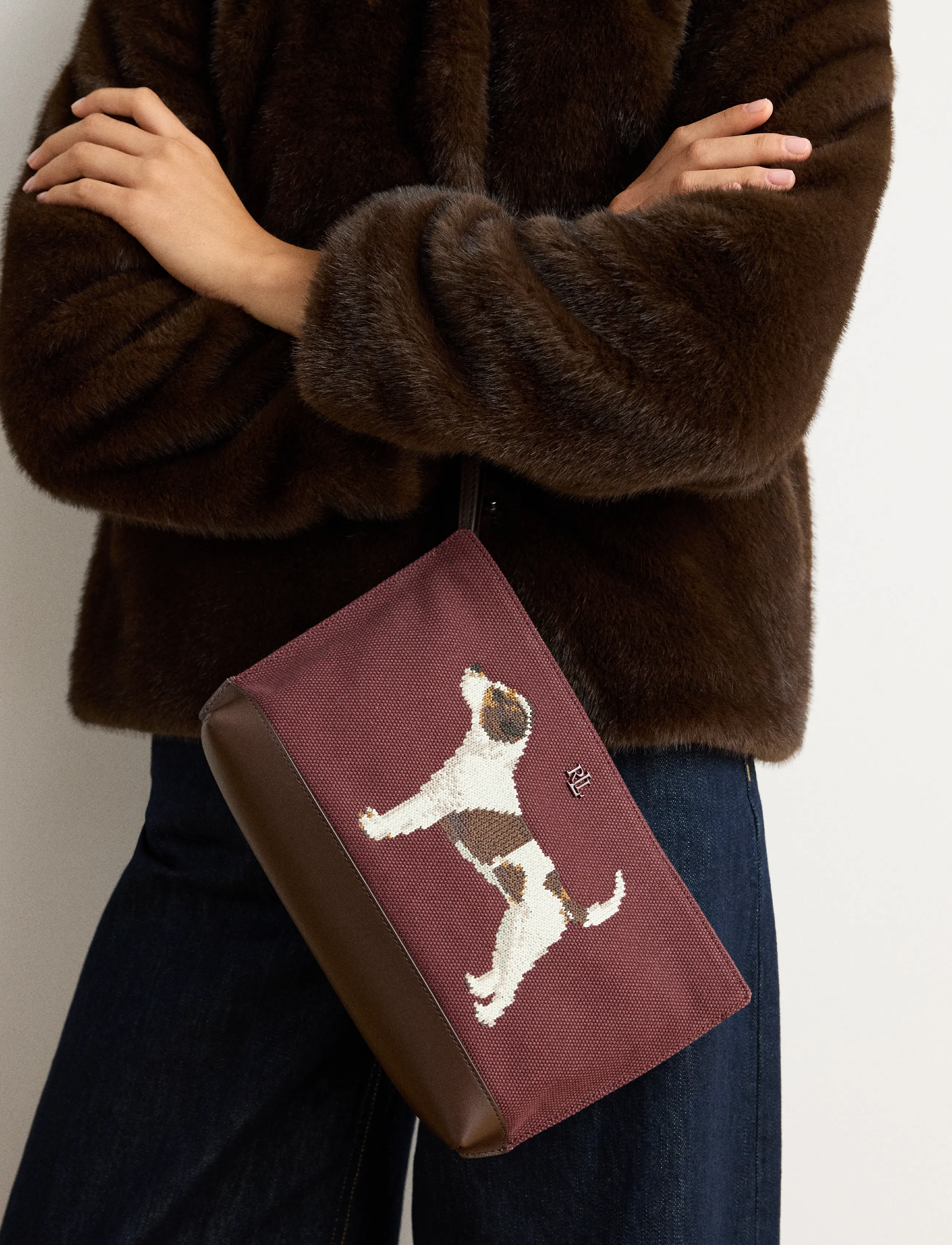Lauren Ralph Lauren - Dog-Embroidered Canvas Large Pouch - dark garnet/chest - 1
