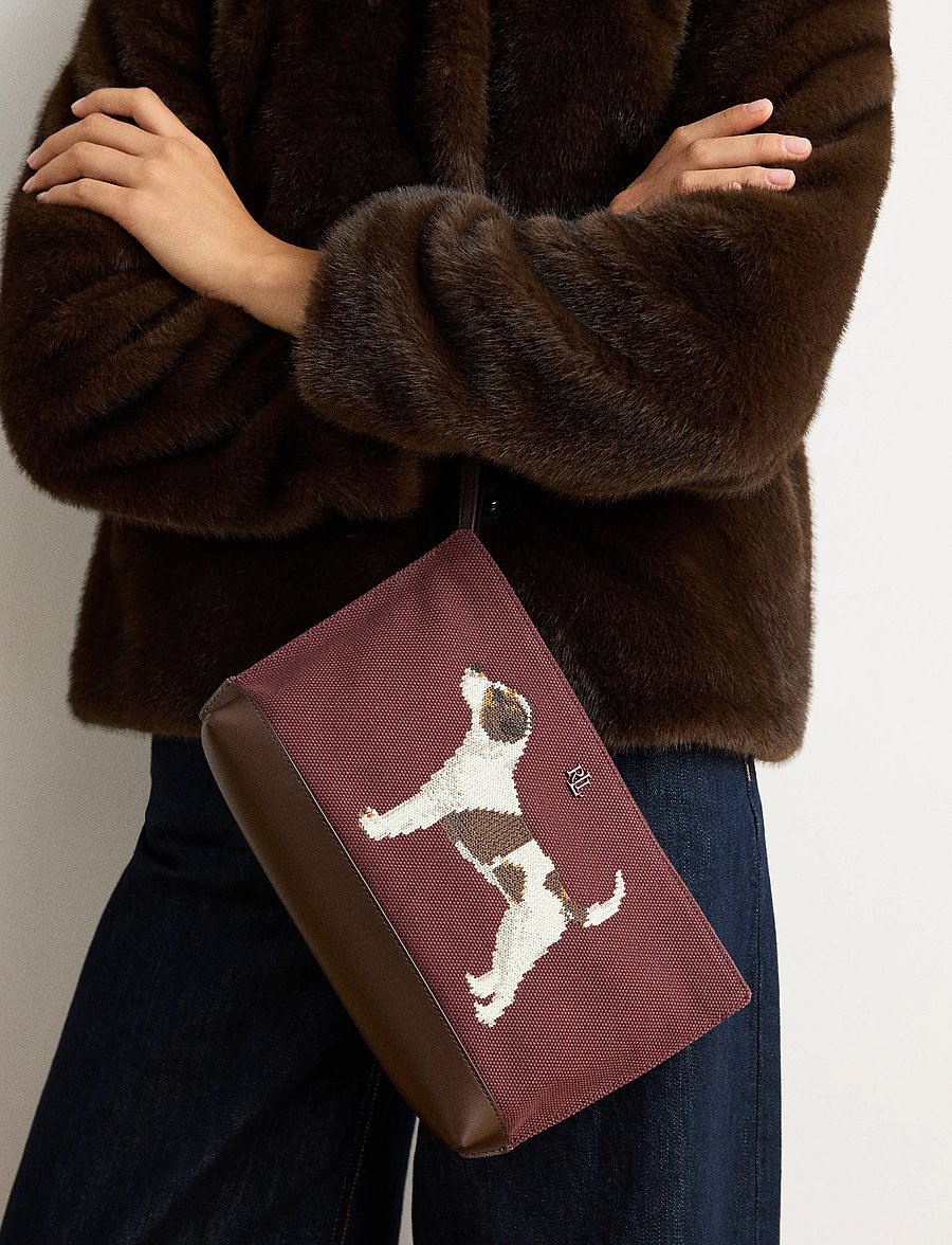 Lauren Ralph Lauren - Dog-Embroidered Canvas Large Pouch - dark garnet/chest - 1