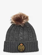 Crest-Patch Pom-Pom Cable-Knit Beanie - MED GREY HTR