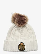 Crest-Patch Pom-Pom Cable-Knit Beanie - PCH CRM