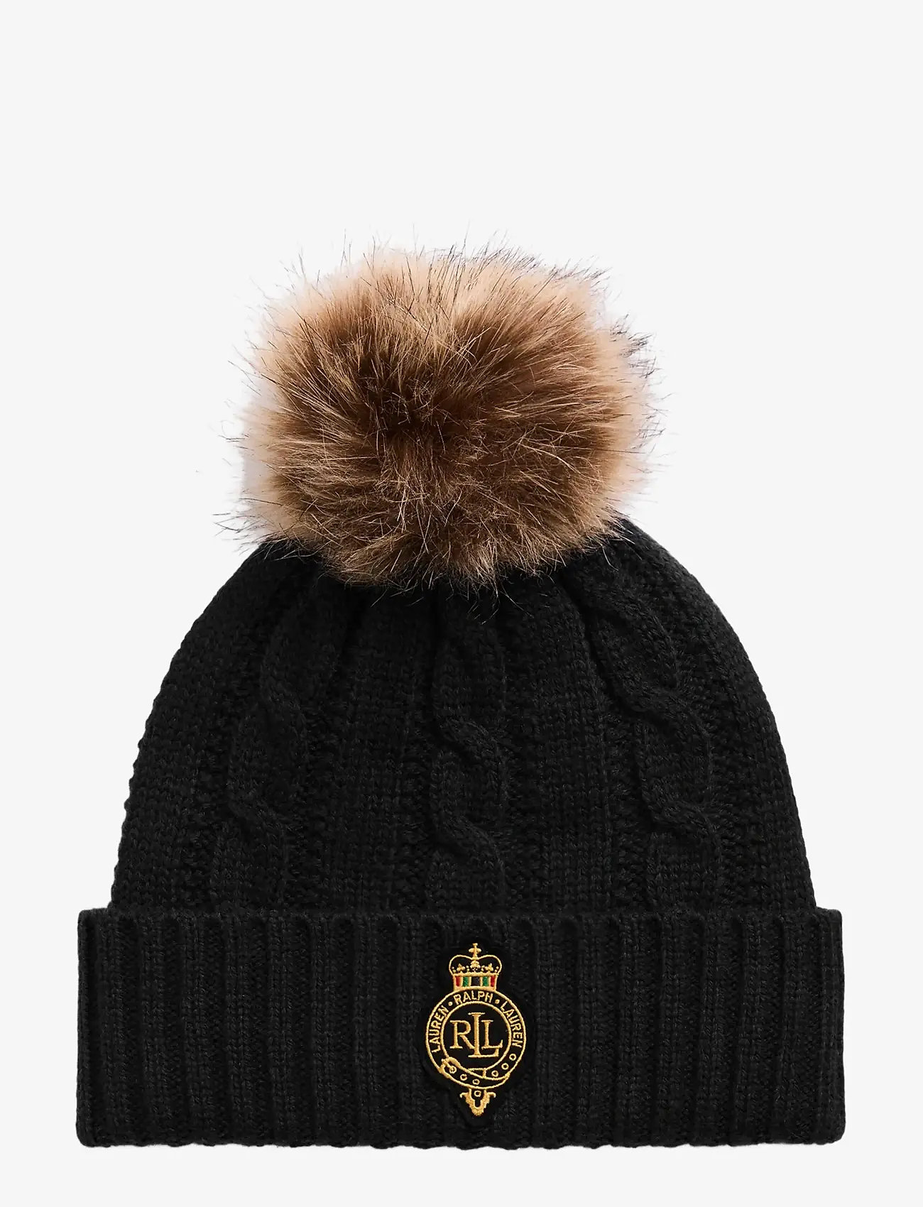 Lauren Ralph Lauren - Crest-Patch Pom-Pom Cable-Knit Beanie - pigimütsid - black - 0