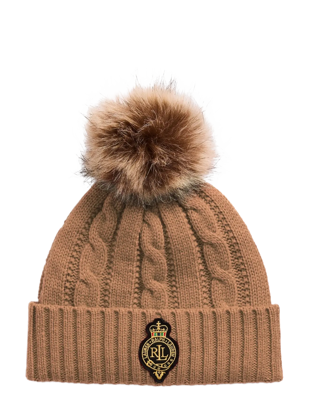 Lauren Ralph Lauren Crest-Patch Pom-Pom Cable-Knit Beanie - Ralph Lauren - CLASSIC CAMEL / beige