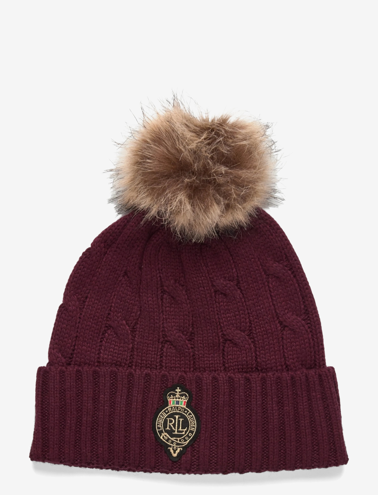 Lauren Ralph Lauren - Crest-Patch Pom-Pom Cable-Knit Beanie - pigimütsid - dark garnet - 0