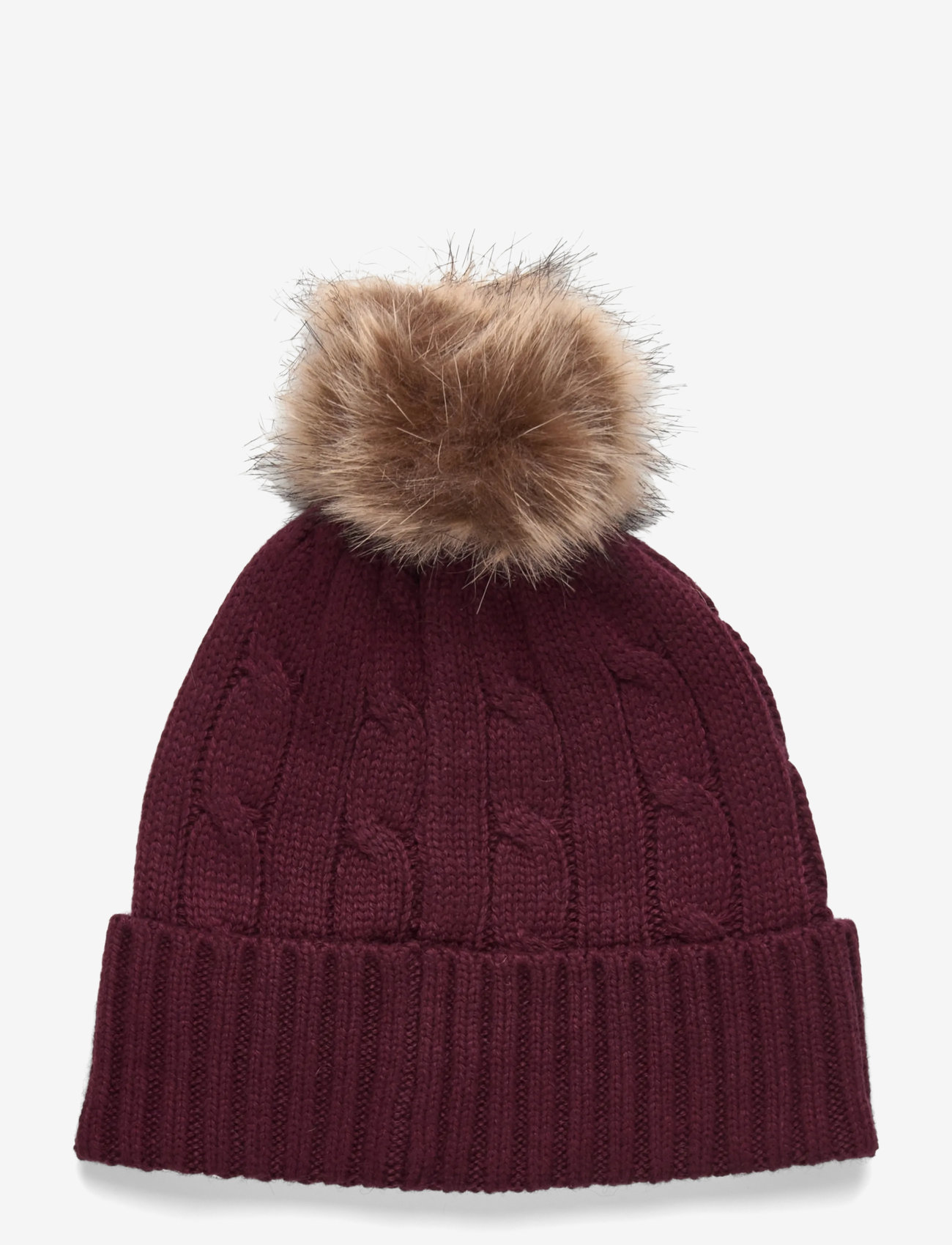 Lauren Ralph Lauren - Crest-Patch Pom-Pom Cable-Knit Beanie - pigimütsid - dark garnet - 1