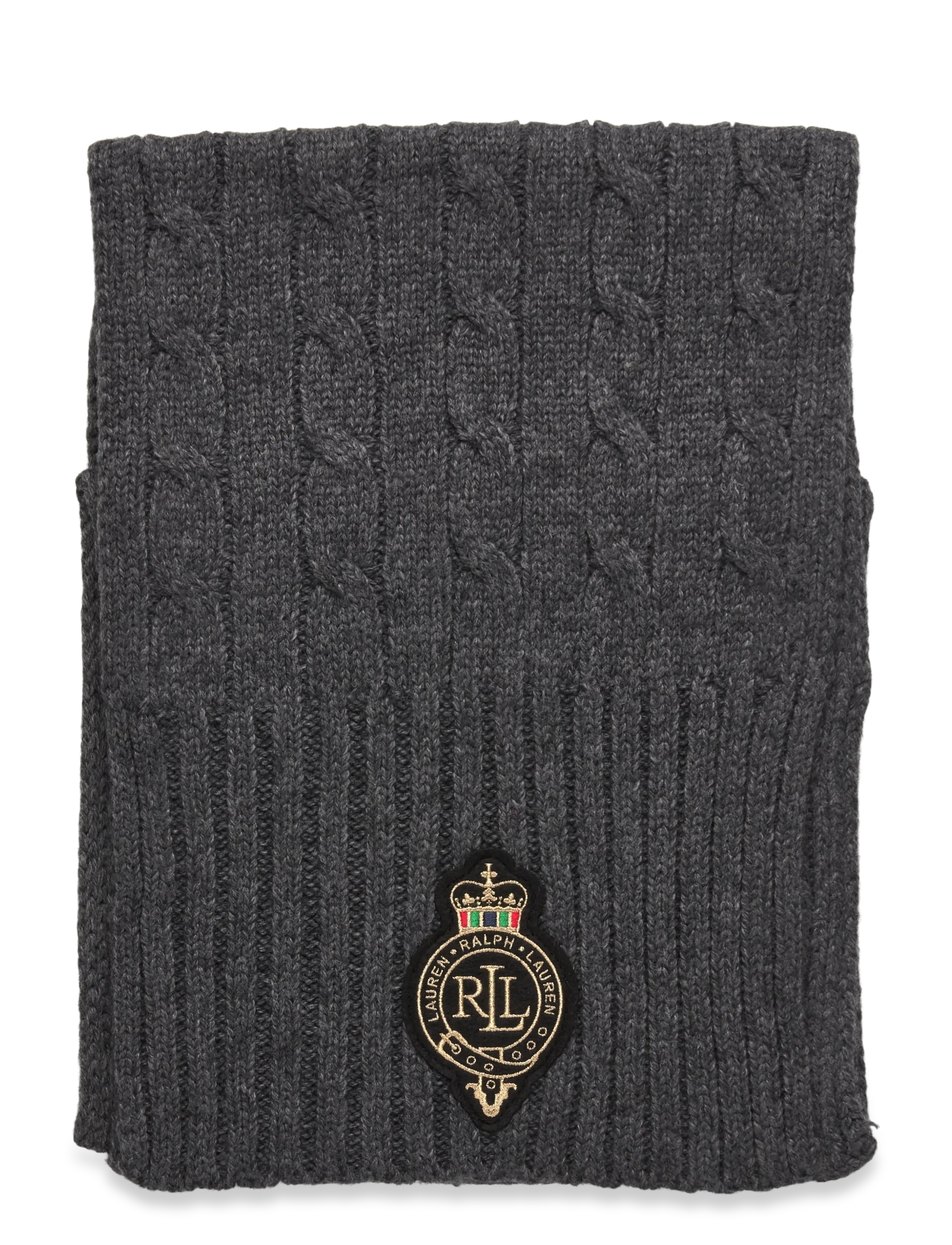 Lauren Ralph Lauren - Crest-Patch Cable-Knit Scarf - winter scarves - charcoal heather - 1