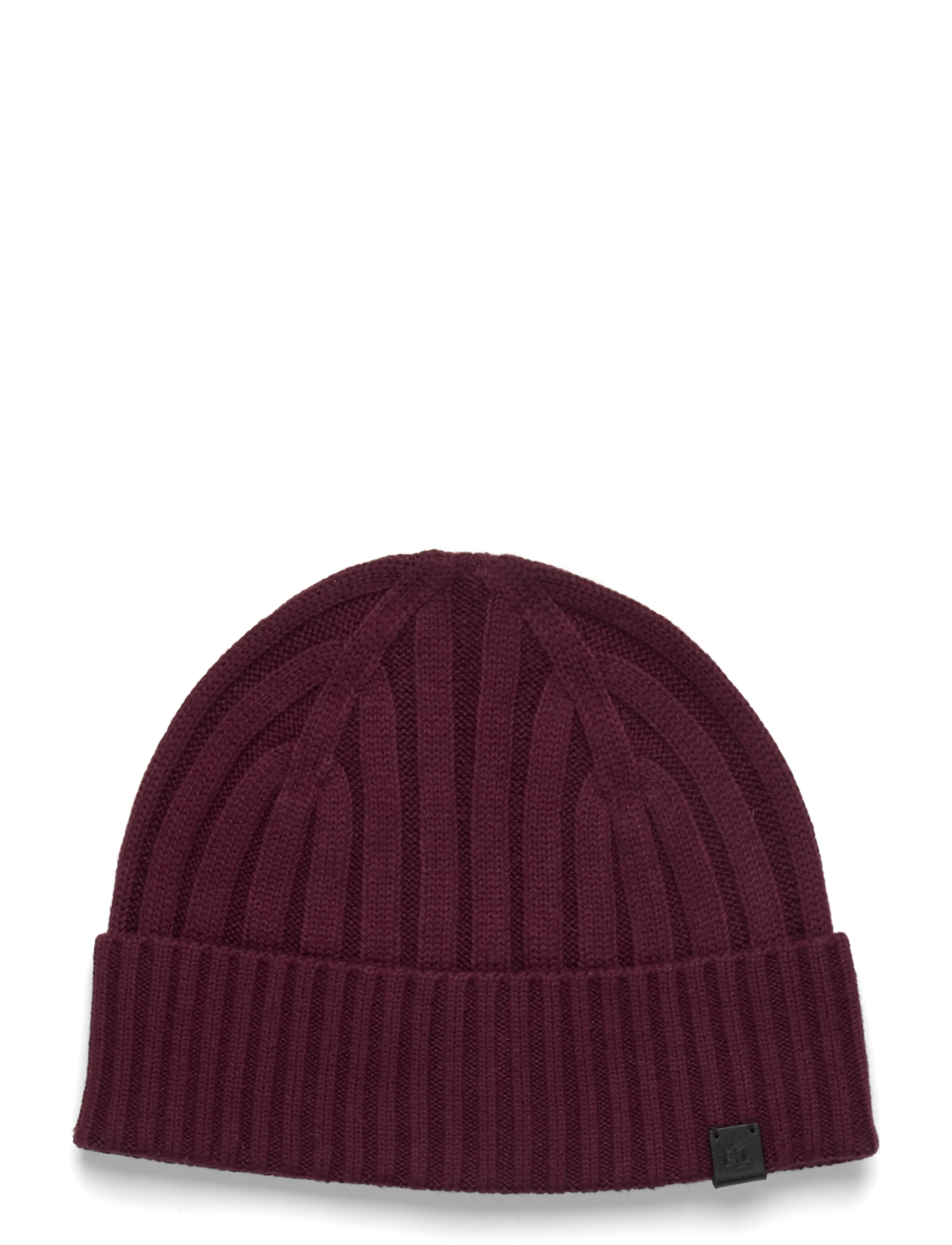 LAUREN RALPH LAUREN Leder-Trim Rib-Knit Pudelmütze Burgundy - One Size - Damen