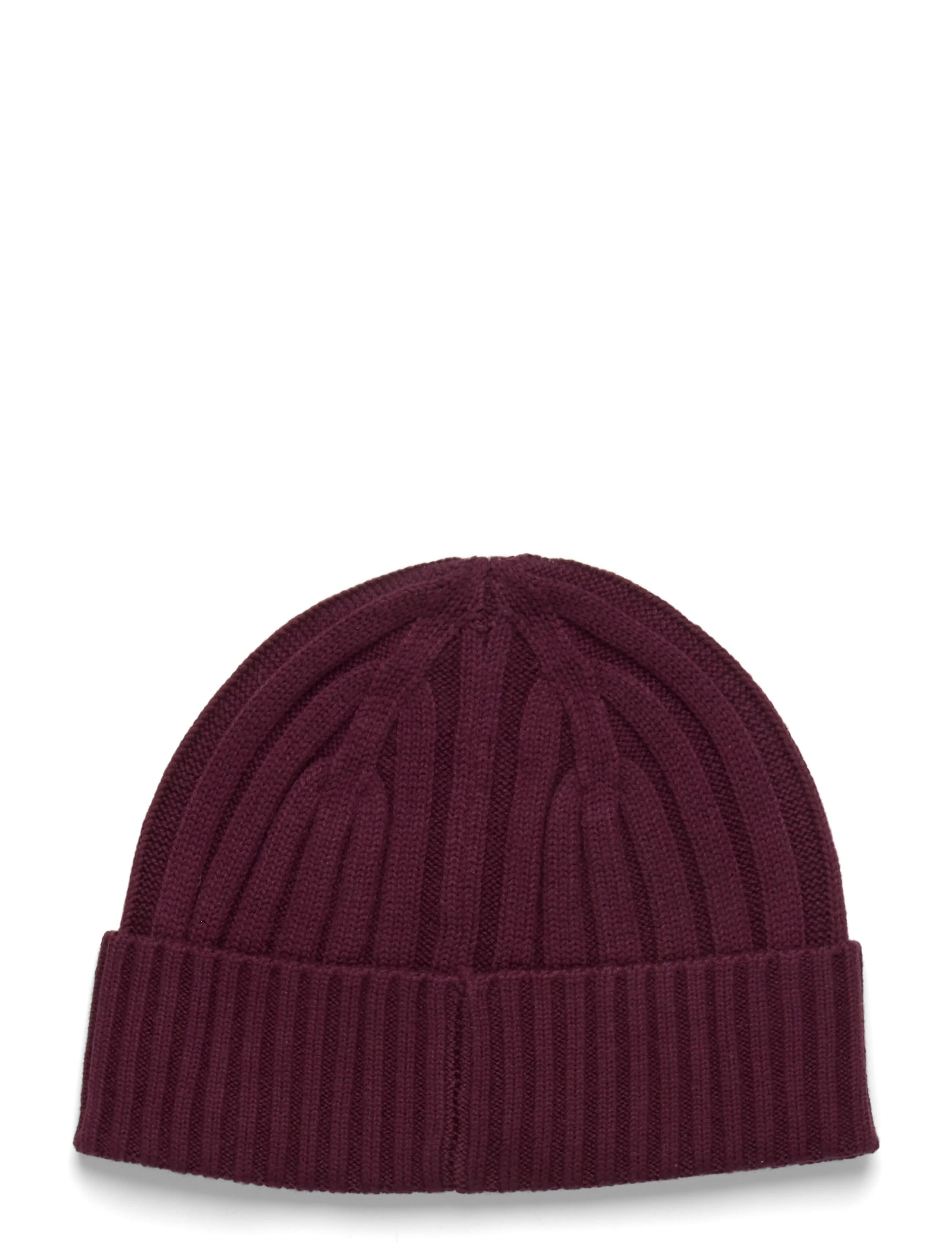 Lauren Ralph Lauren - Leather-Trim Rib-Knit Beanie - aksesuarai - dark garnet - 1