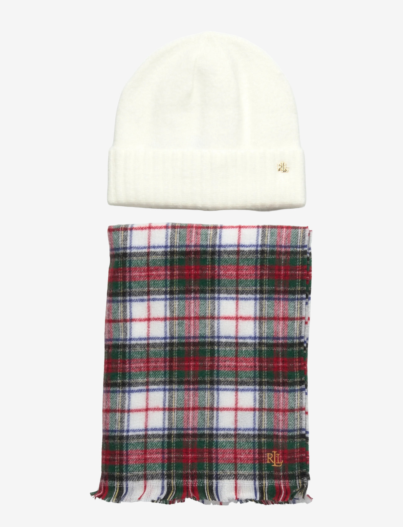 Lauren Ralph Lauren - Plaid Wrap Scarf & Knit Beanie Set - alltags-style - cream stewart - 0