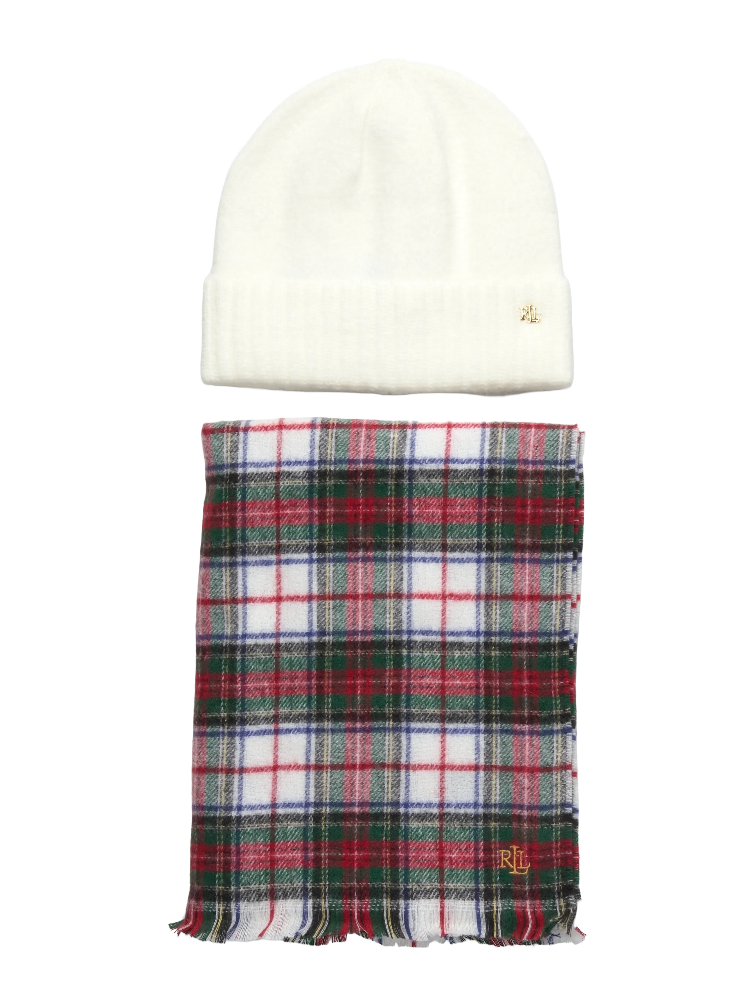Lauren Ralph Lauren Plaid Wrap Scarf & Knit Beanie Set - Ralph Lauren - CREAM STEWART / grey