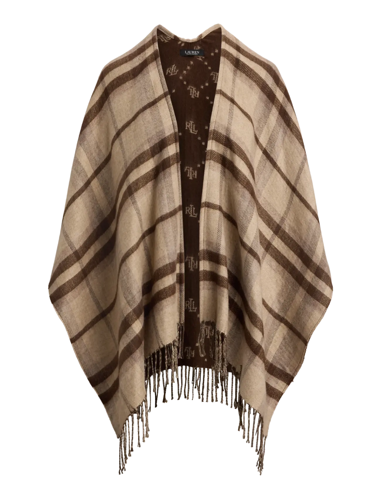 Lauren Ralph Lauren - Plaid & Logo Jacquard Reversible Ruana - ponchos & capes - taupe plaid - 1