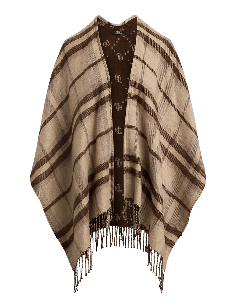 Lauren Ralph Lauren - Plaid & Logo Jacquard Reversible Ruana - ponchos & capes - taupe plaid - 1