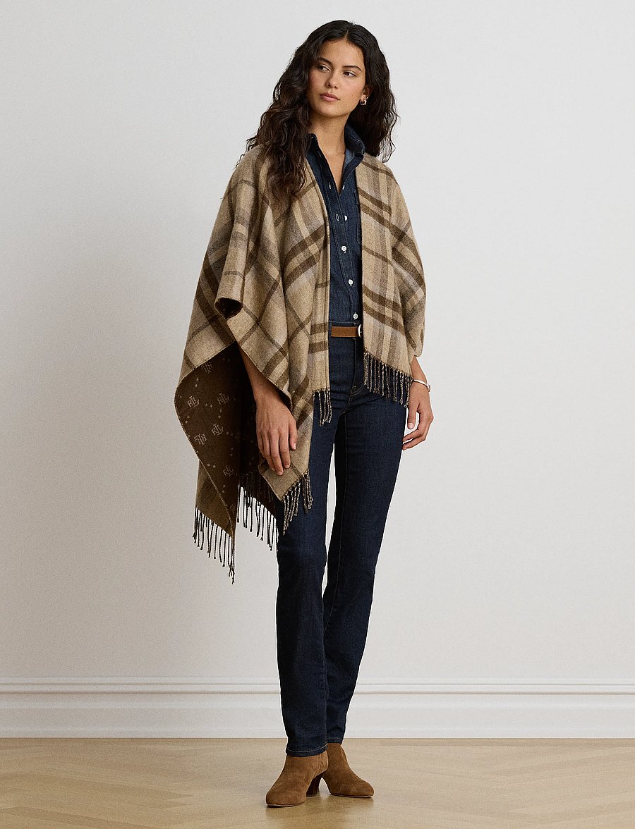 Lauren Ralph Lauren - Plaid & Logo Jacquard Reversible Ruana - ponchos & capes - taupe plaid - 0
