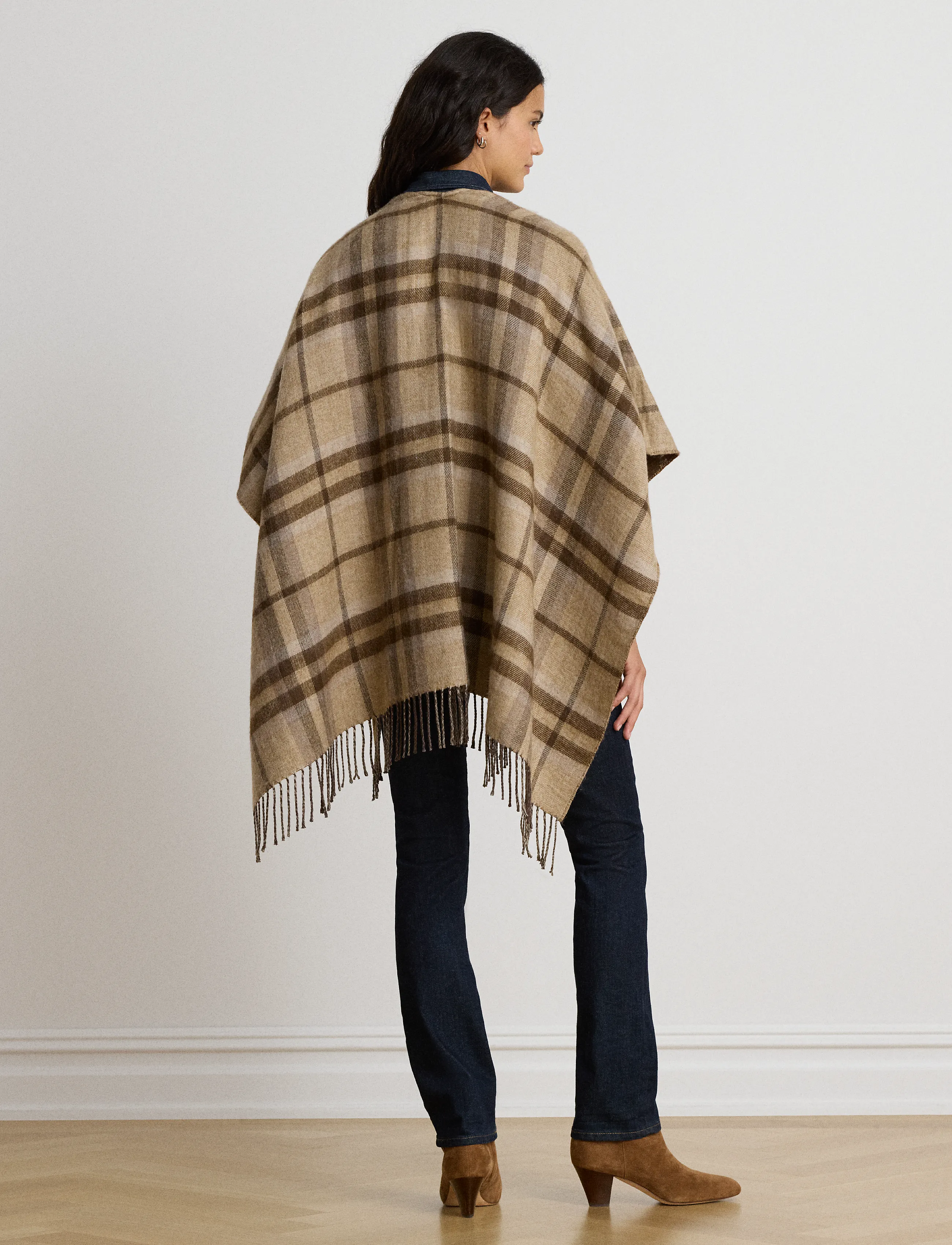 Lauren Ralph Lauren - Plaid & Logo Jacquard Reversible Ruana - ponchos & capes - taupe plaid - 2