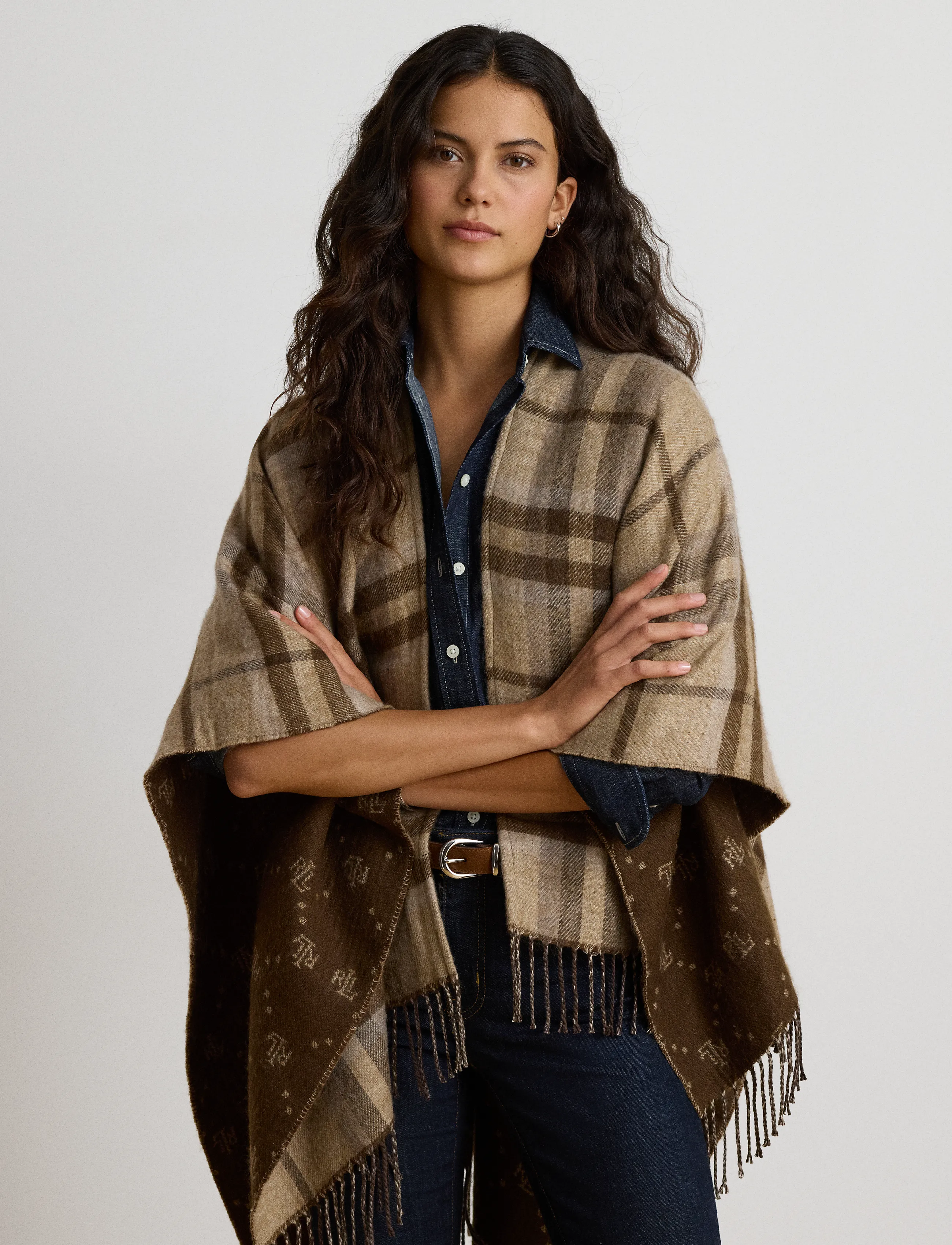 Lauren Ralph Lauren - Plaid & Logo Jacquard Reversible Ruana - ponchos & capes - taupe plaid - 4