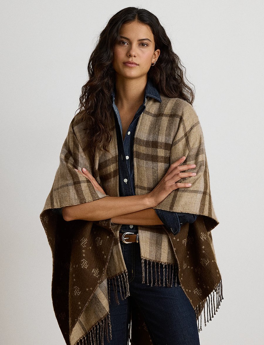 Lauren Ralph Lauren - Plaid & Logo Jacquard Reversible Ruana - ponchos & capes - taupe plaid - 4