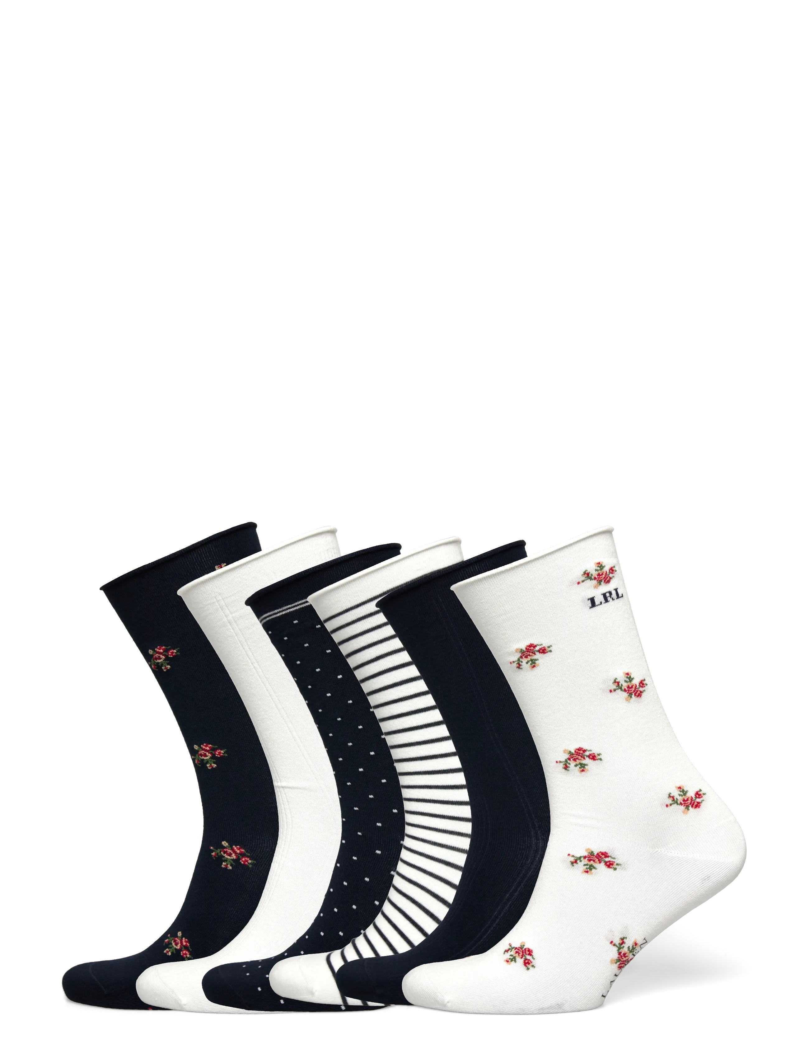 Lauren Ralph Lauren Floral & Striped Roll-Top Sock 6-Pack - Socks - IVROY/NAVY / navy