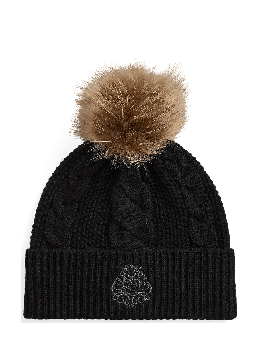 Lauren Ralph Lauren - Embroidered-Crest Pom-Pom Cable Beanie - mössor - black - 0