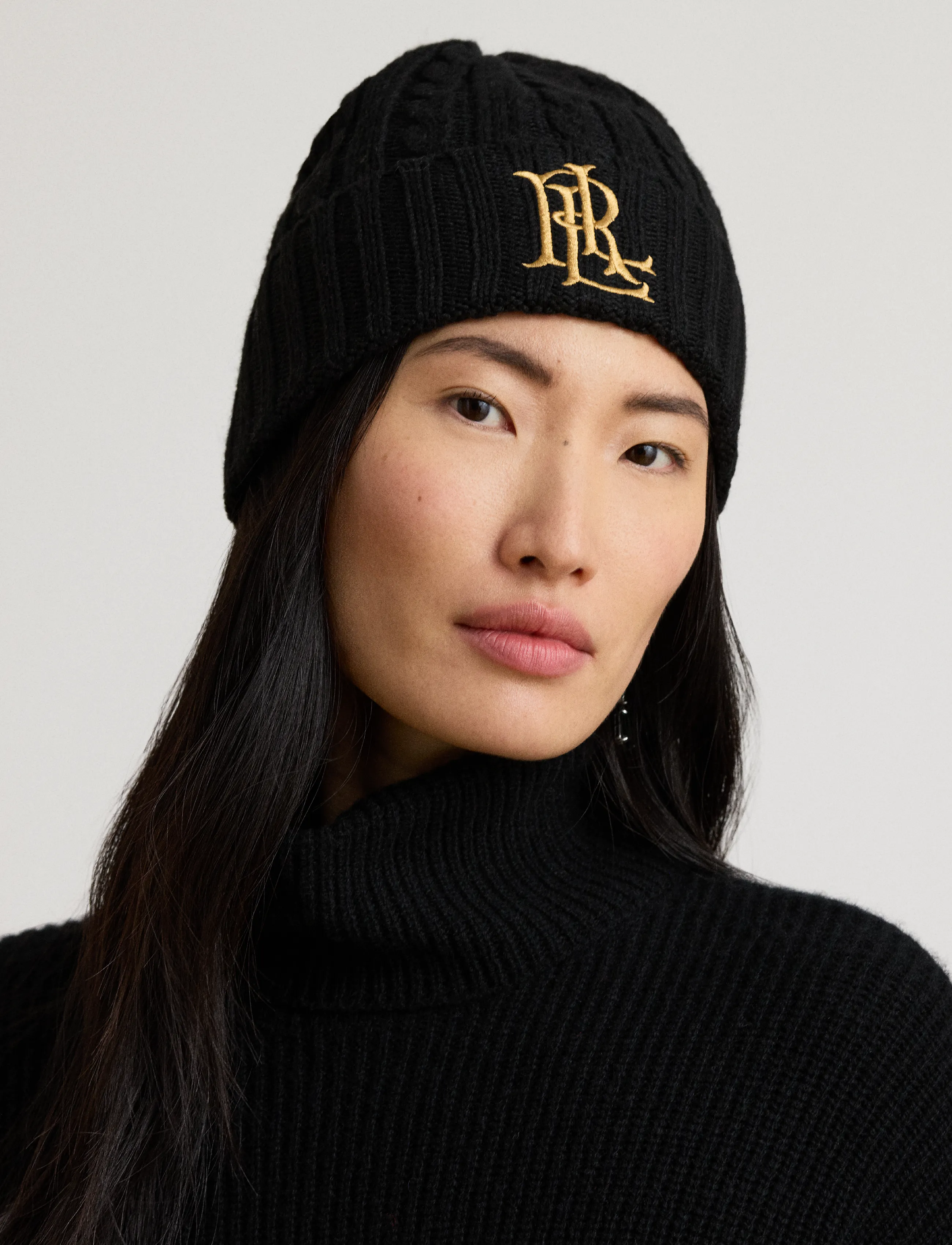 Lauren Ralph Lauren Embroidered-Logo Cable-Knit Beanie - Ralph Lauren - BLACK / black