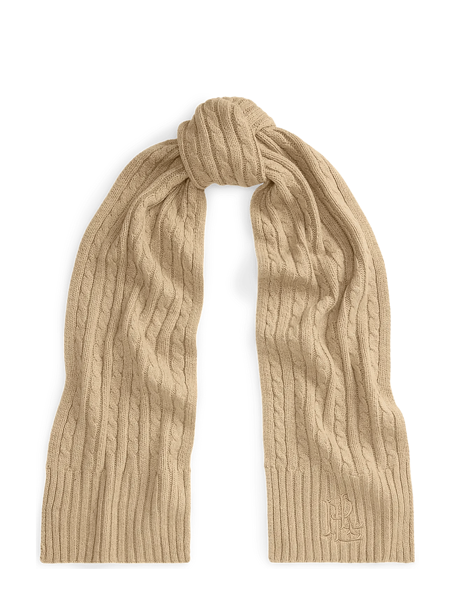 Lauren Ralph Lauren - Embroidered-Logo Cable-Knit Scarf - winter scarves - birch tan - 0