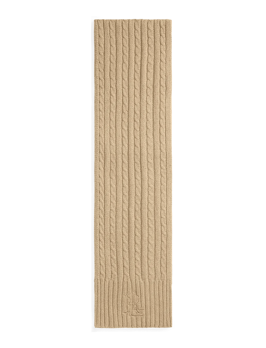 Lauren Ralph Lauren - Embroidered-Logo Cable-Knit Scarf - winter scarves - birch tan - 1