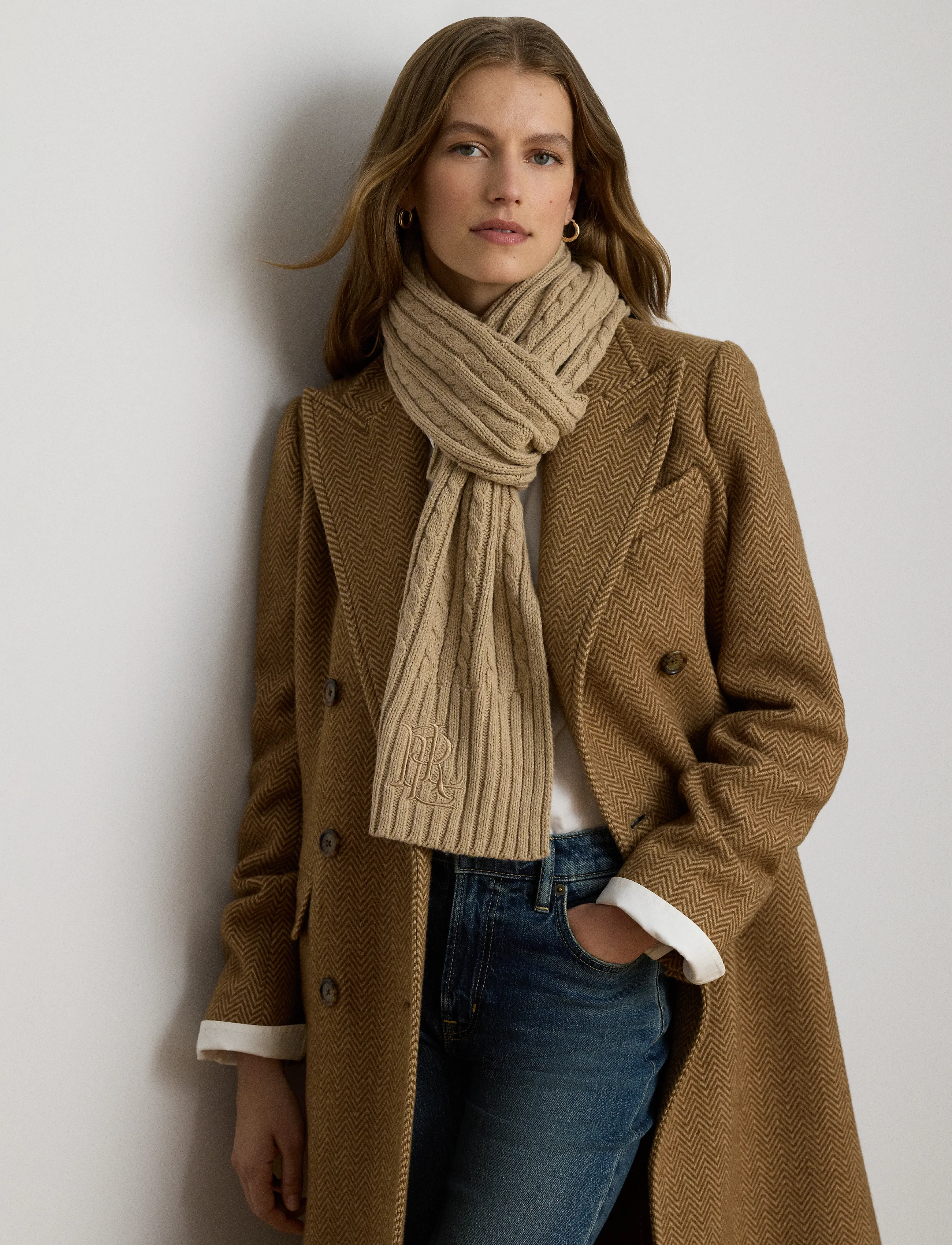 Lauren Ralph Lauren - Embroidered-Logo Cable-Knit Scarf - winter scarves - birch tan - 2
