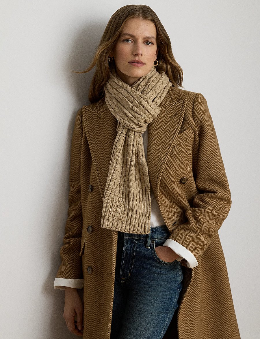 Lauren Ralph Lauren - Embroidered-Logo Cable-Knit Scarf - winter scarves - birch tan - 2