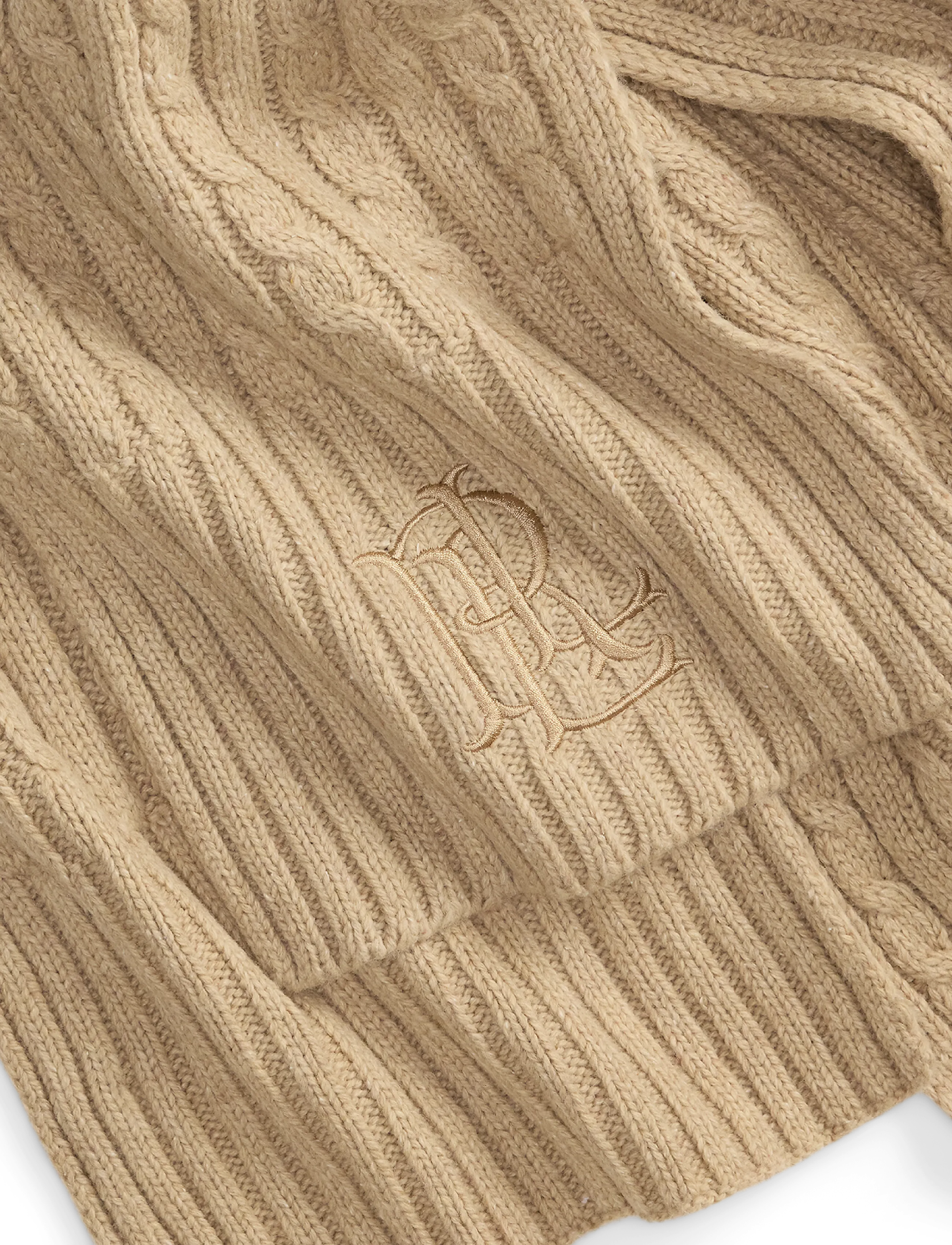 Lauren Ralph Lauren - Embroidered-Logo Cable-Knit Scarf - winter scarves - birch tan - 3