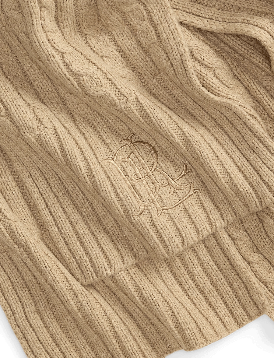 Lauren Ralph Lauren - Embroidered-Logo Cable-Knit Scarf - winter scarves - birch tan - 3