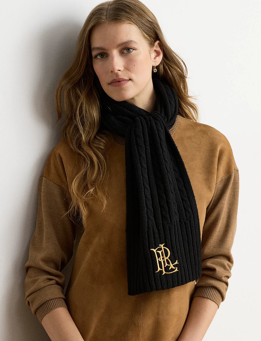 Lauren Ralph Lauren - Embroidered-Logo Cable-Knit Scarf - halsdukar - black - 2