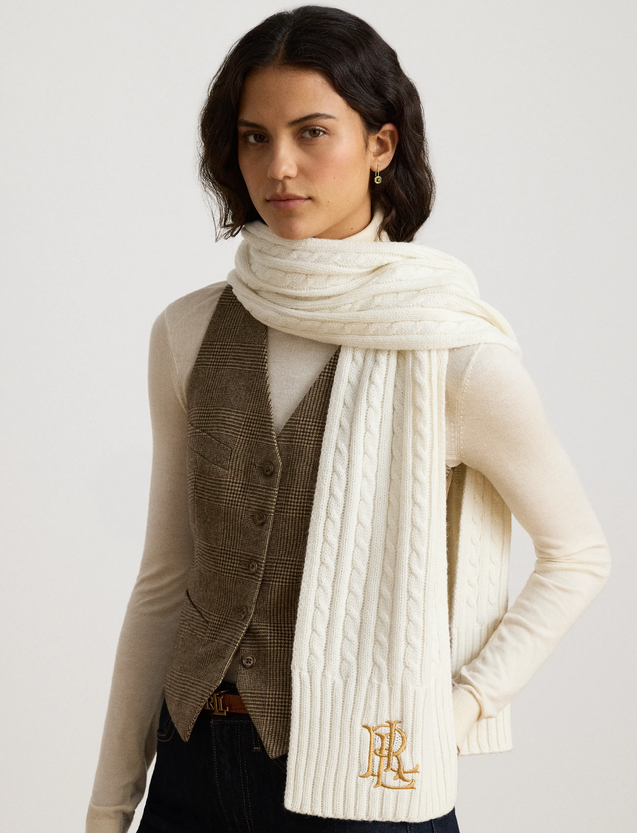 Lauren Ralph Lauren - Embroidered-Logo Cable-Knit Scarf - halsdukar - cream - 2