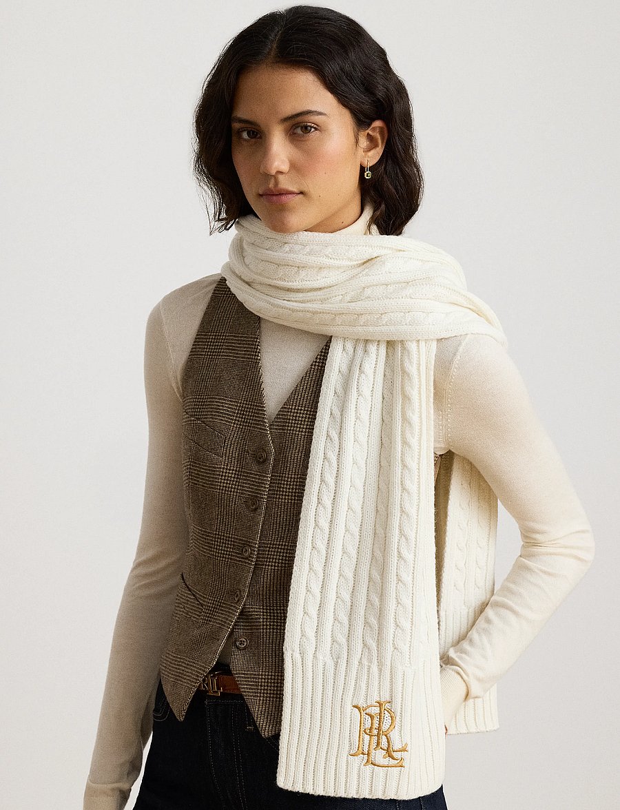 Lauren Ralph Lauren - Embroidered-Logo Cable-Knit Scarf - halsdukar - cream - 2