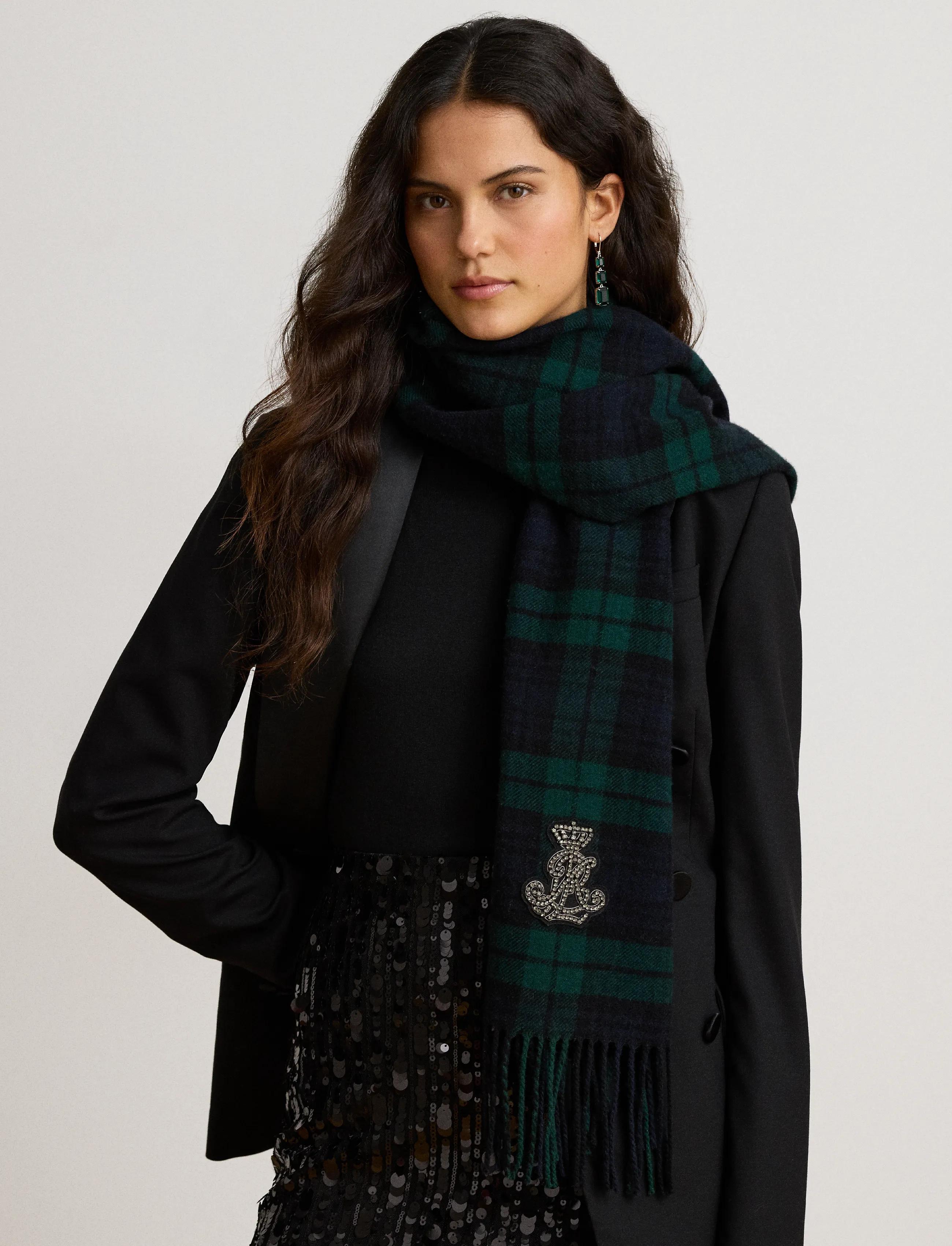 Lauren Ralph Lauren - Plaid Embellished-Bullion Wool Scarf - halsdukar - navy/green - 2