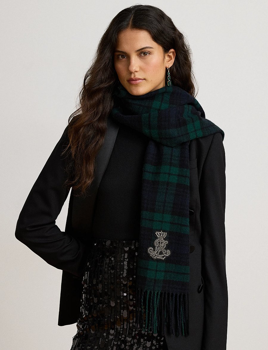 Lauren Ralph Lauren - Plaid Embellished-Bullion Wool Scarf - halsdukar - navy/green - 2