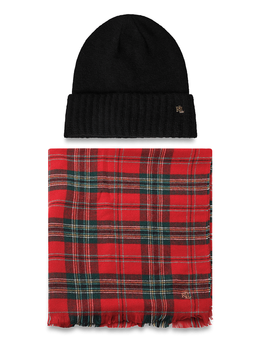 Lauren Ralph Lauren - Plaid Scarf & Knit Beanie Gift Set - halstørklæder - red stewart - 0