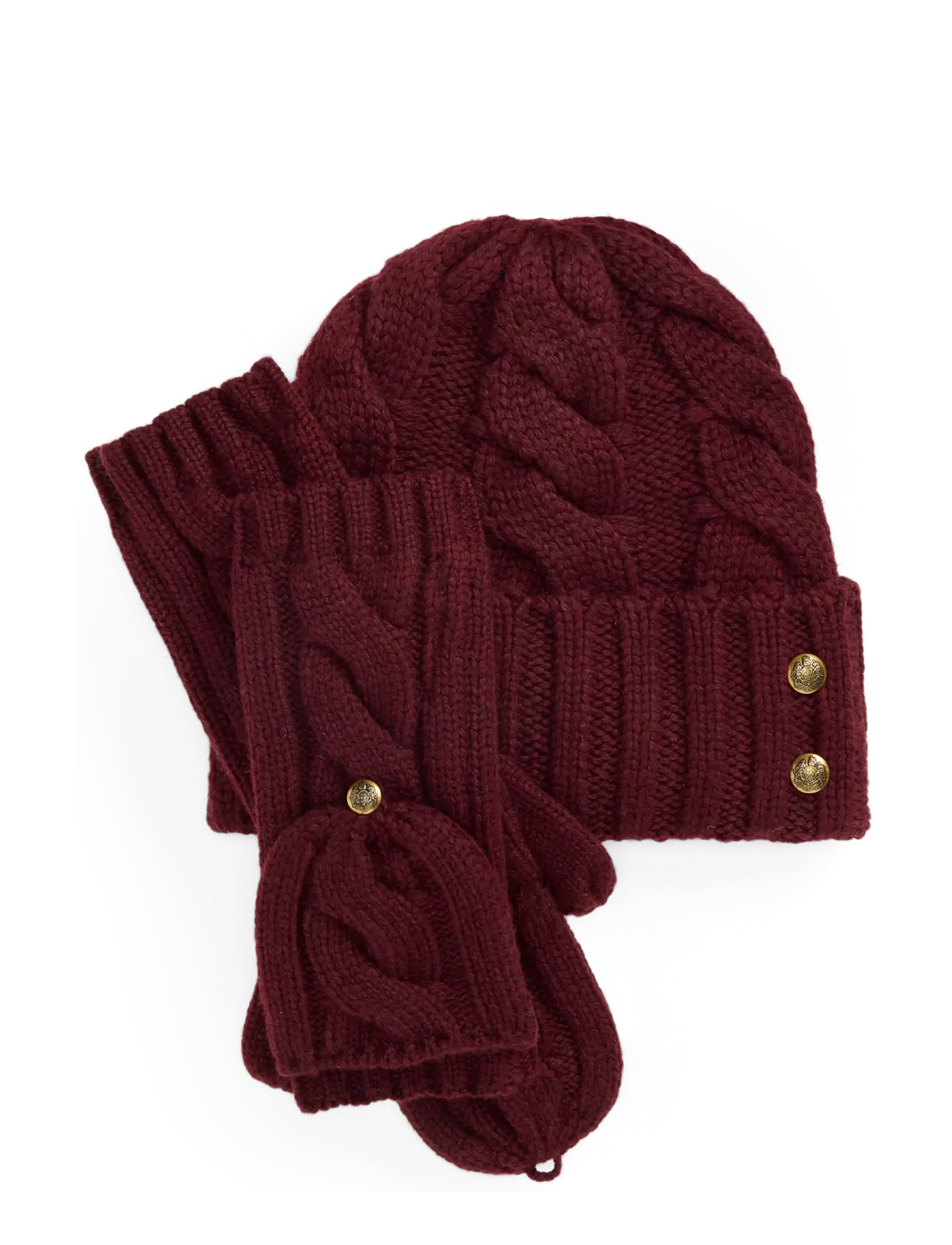 Lauren Ralph Lauren Cable-Knit Beanie & Mittens Set - Fäustlinge - DARK GARNET / burgundy