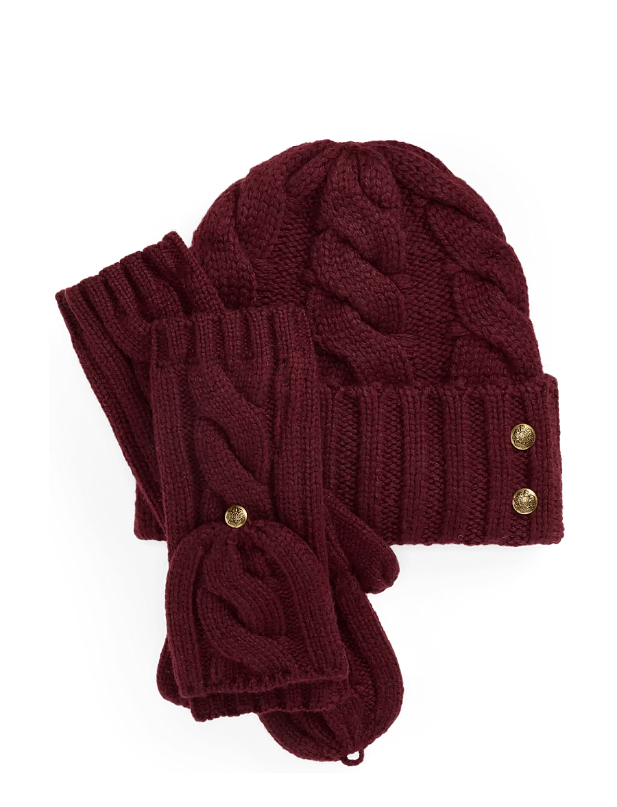 Lauren Ralph Lauren - Cable-Knit Beanie & Mittens Set - fäustlinge - dark garnet - 0