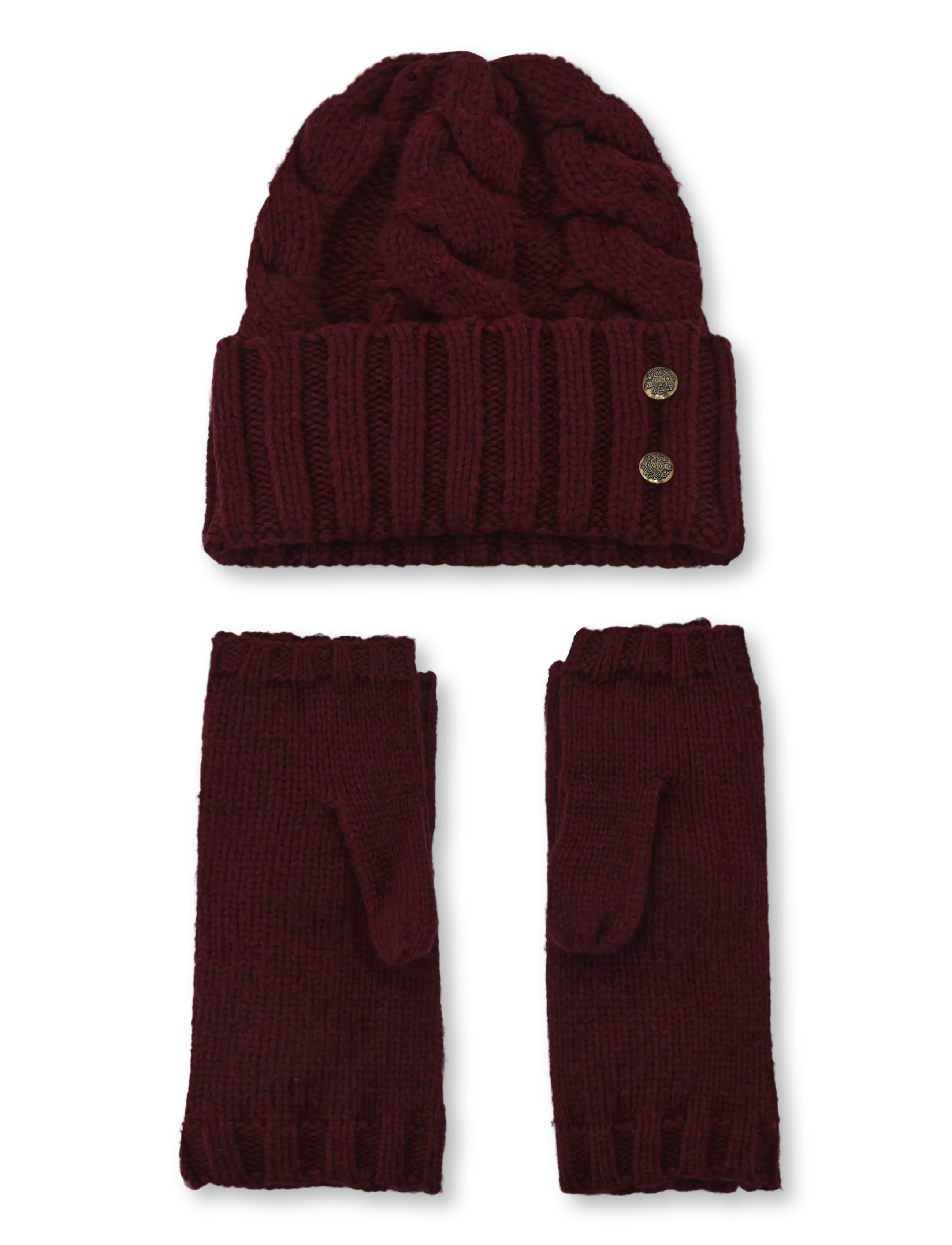 Lauren Ralph Lauren Cable-Knit Beanie & Mittens Set - Transitional Layering - DARK GARNET / burgundy
