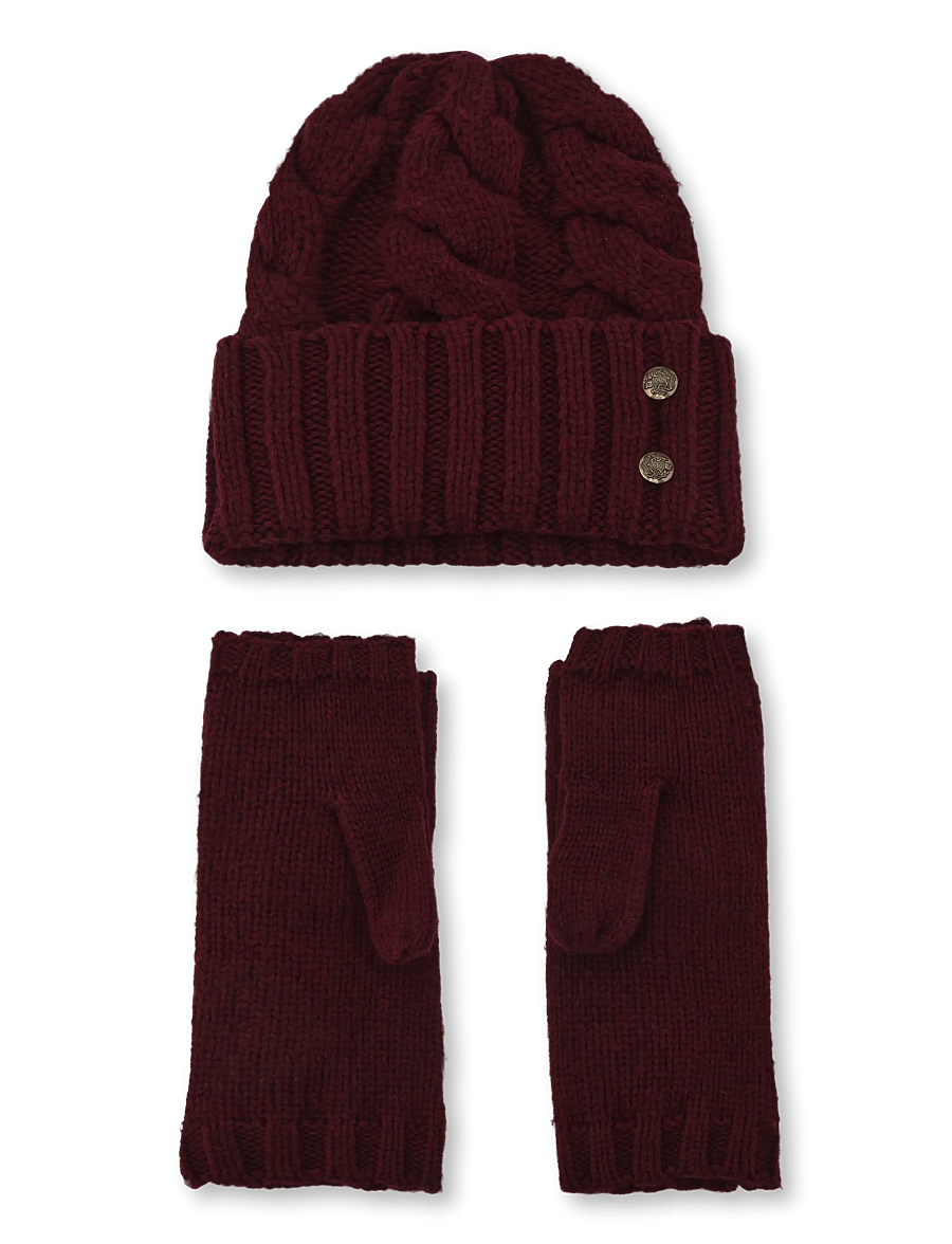 Lauren Ralph Lauren - Cable-Knit Beanie & Mittens Set - lapaset - dark garnet - 0