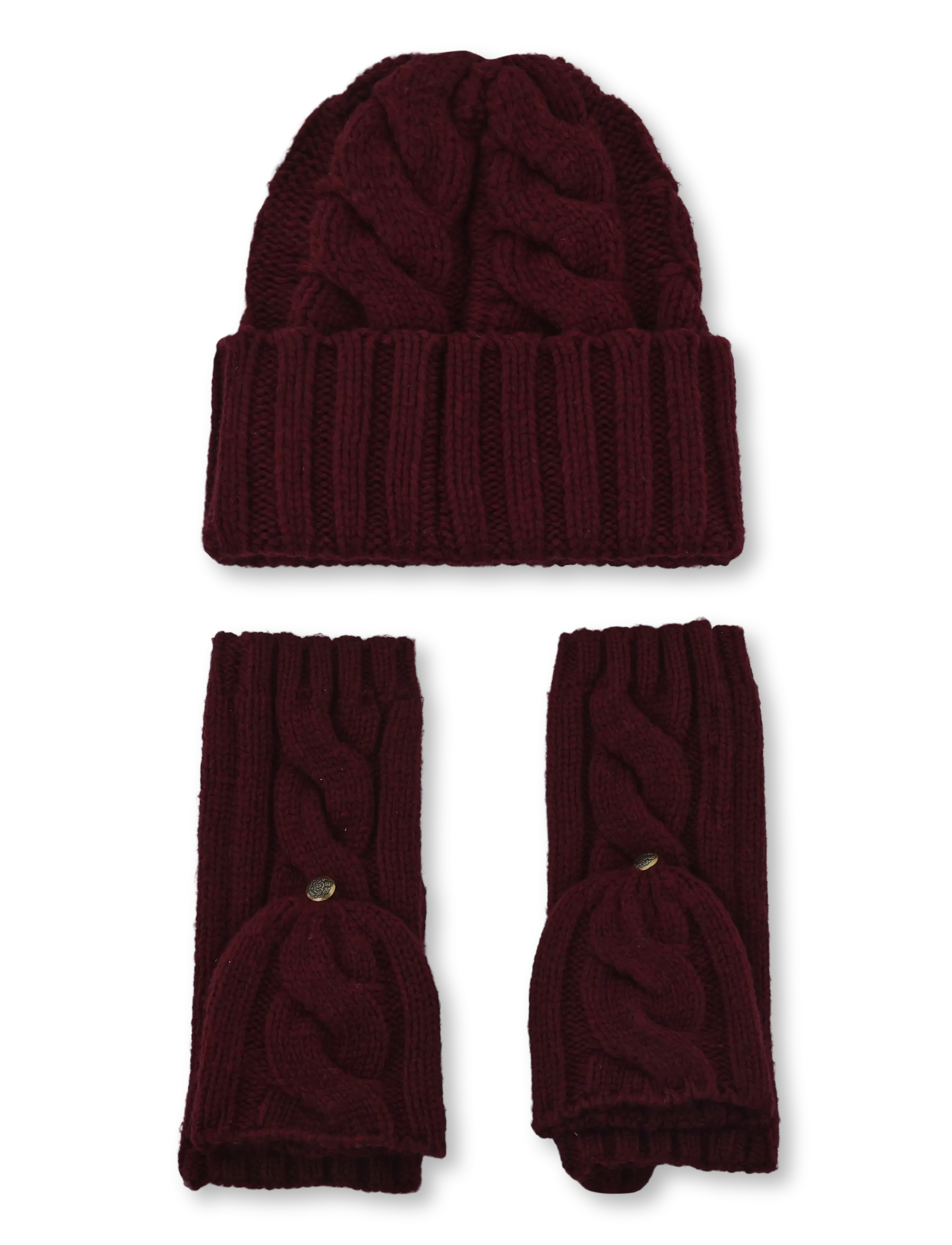 Lauren Ralph Lauren - Cable-Knit Beanie & Mittens Set - mittens - dark garnet - 1