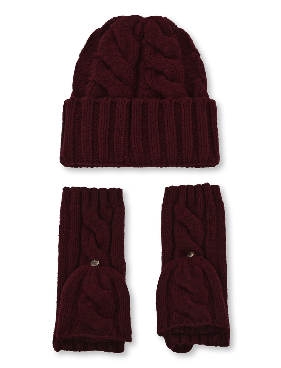Lauren Ralph Lauren - Cable-Knit Beanie & Mittens Set - lapaset - dark garnet - 1