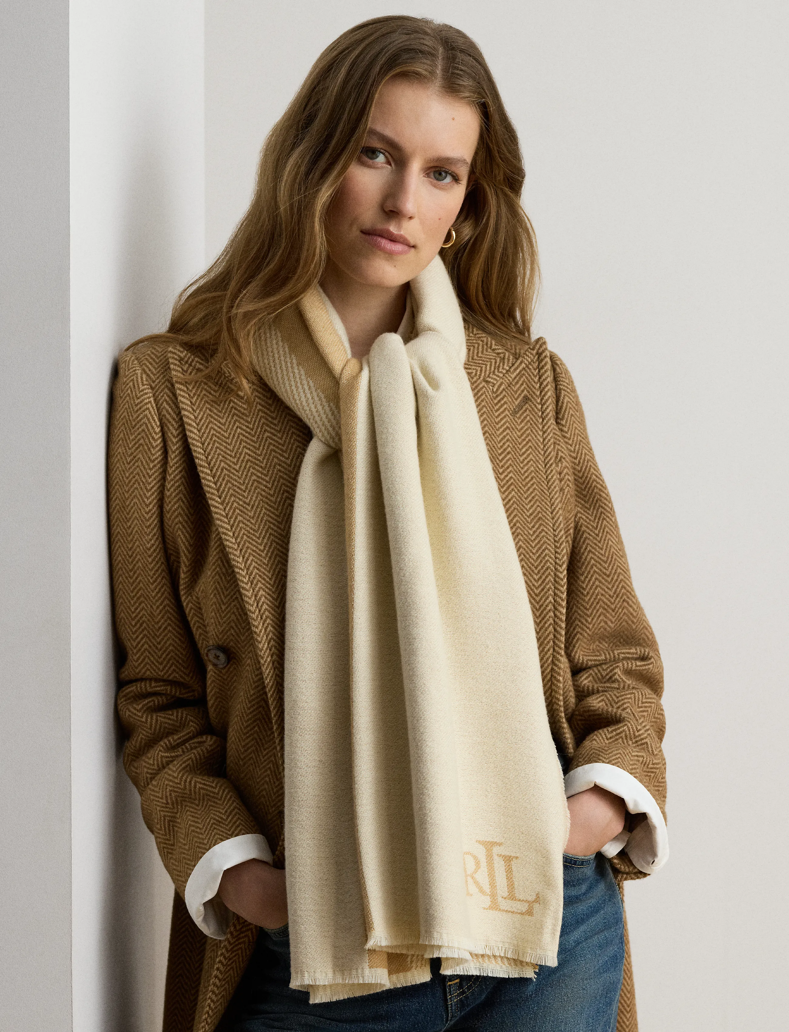 Lauren Ralph Lauren - Belting-Motif Jacquard Wrap Scarf - halsdukar - cream/camel - 2
