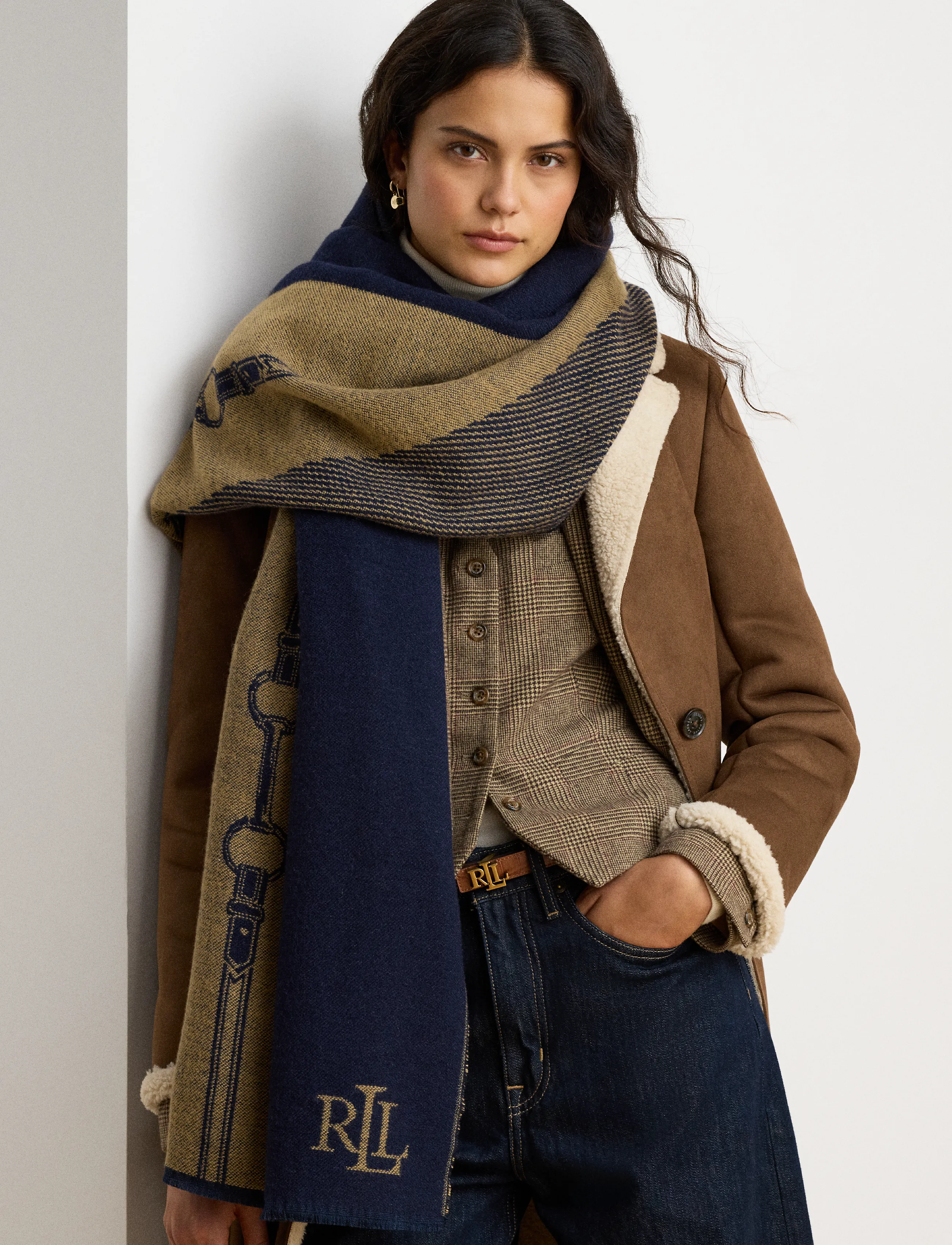 Lauren Ralph Lauren - Belting-Motif Jacquard Wrap Scarf - halsdukar - navy/camel - 2