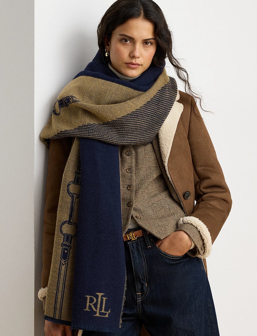 Lauren Ralph Lauren - Belting-Motif Jacquard Wrap Scarf - halsdukar - navy/camel - 2