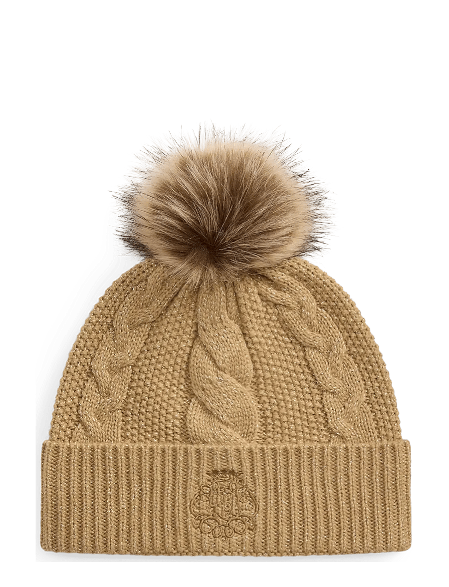 Lauren Ralph Lauren - Embroidered-Crest Pom-Pom Cable Beanie - mössor - lauren camel - 0