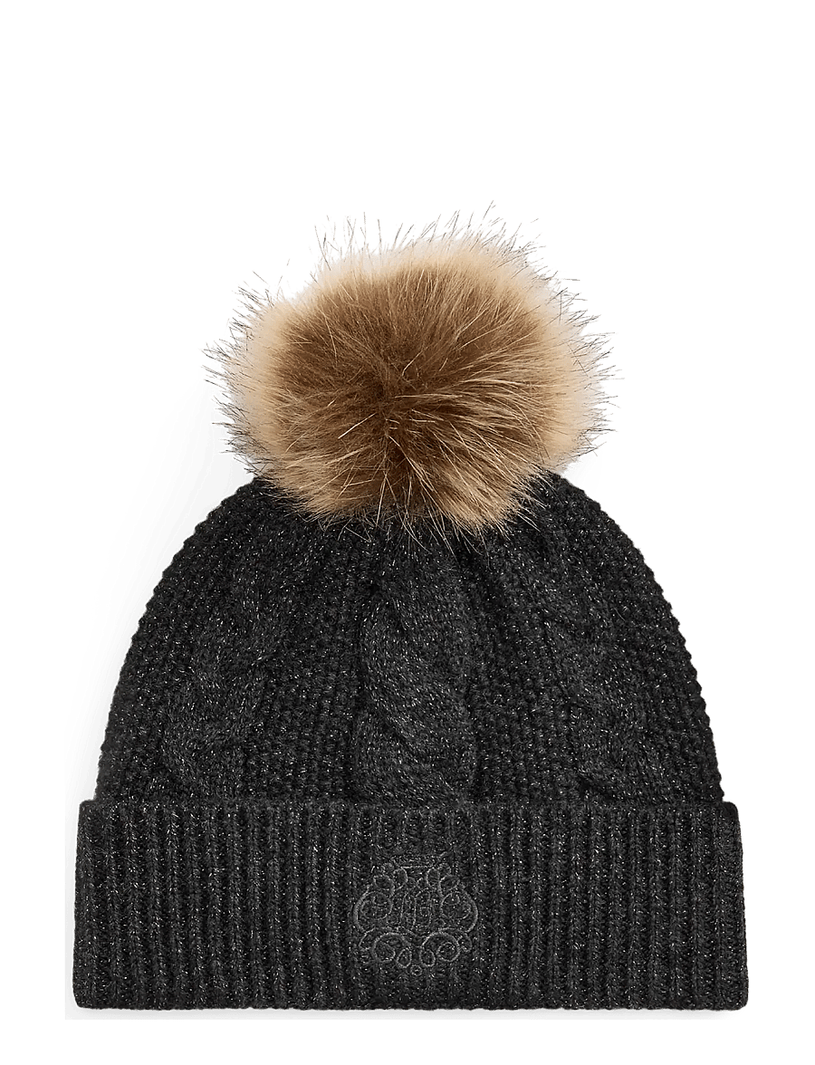 Lauren Ralph Lauren - Embroidered-Crest Pom-Pom Cable Beanie - mössor - onyx heather - 0